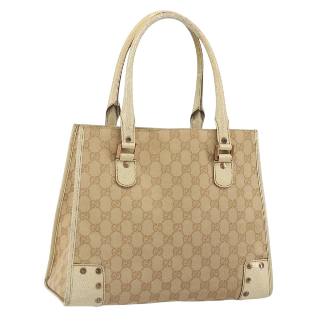 GUCCI 124260 GG Canvas Hand Bag Beige Bronze: GUCCI 124260 GG Canvas Hand Bag Beige Bronze Gucci women's handbag in beige and bronze GG canvas, made in Italy. This pre-owned bag shows heavy use with visible wear throughout, including an out-of-sh