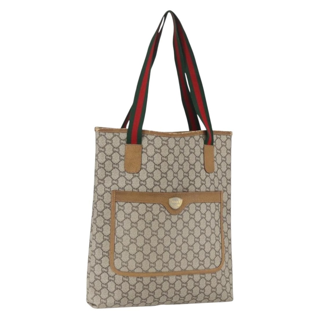 Gucci GG Supreme Beige Gold PVC Tote Sherry Web Line Italy: Gucci GG Supreme Beige Gold PVC Tote Sherry Web Line Italy This is a Gucci GG Plus Supreme Web Sherry Line tote bag crafted in beige and gold PVC leather with GG canvas accents. The bag features dual 