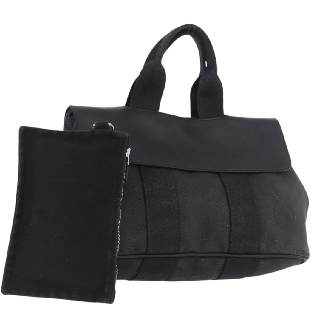 Hermes Valparaiso PM Black Canvas and Leather Women's Handbag with Pouch: Hermes Valparaiso PM Black Canvas and Leather Women's Handbag with Pouch This Hermes Valparaiso PM handbag is crafted from black canvas with leather accents and silver-tone details. Designed for women