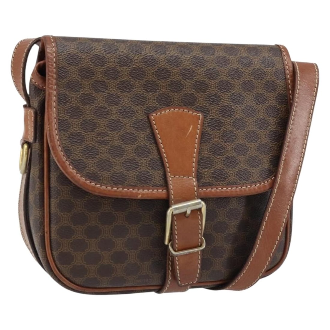 CELINE Macadam Shoulder Bag Brown PVC Leather Gold Tone: CELINE Macadam Shoulder Bag Brown PVC Leather Gold Tone Celine Macadam canvas shoulder bag in brown with gold-tone accents, crafted with PVC leather trim. Made in Italy, this women's shoulder bag is o