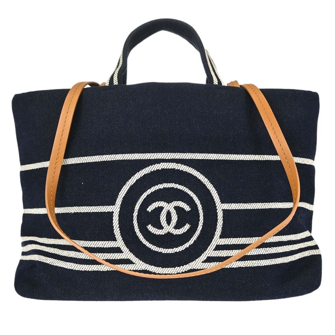 CHANEL Deauville Small Navy Denim 2way Tote Handbag: CHANEL Deauville Small Navy Denim 2way Tote Handbag Chanel Small Deauville Shopping Tote in navy denim with double handles and a shoulder strap for 2-way carry. The bag features a magnetic closure, ca