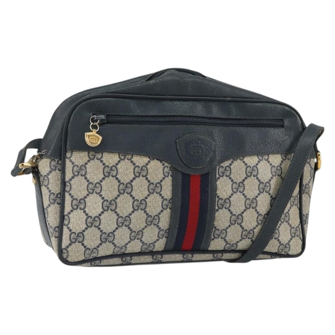 Gucci 001 56 0860 GG Supreme PVC Shoulder Bag Navy Gold: Gucci 001 56 0860 GG Supreme PVC Shoulder Bag Navy Gold Gucci GG Supreme Sherry Line shoulder bag in navy and gold PVC leather/GG canvas, made in Italy. This women's bag features a shoulder strap with
