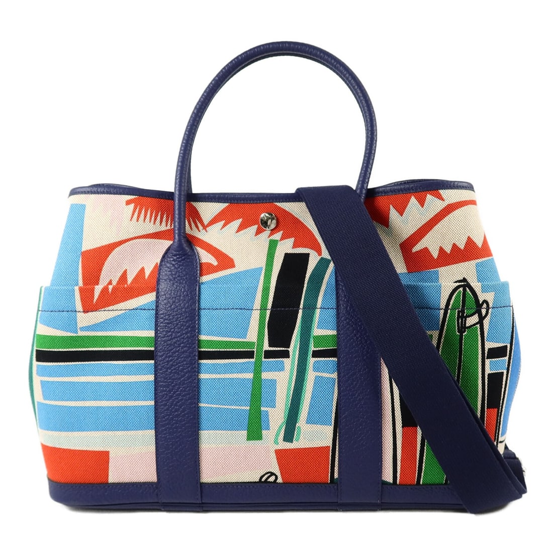 Hermes Garden Party PM Pocket 2way Shoulder Bag Canvas Negonda Leather: Hermes Garden Party PM Pocket 2way Shoulder Bag Canvas Negonda Leather A Hermes Garden Party PM Pocket 2way shoulder bag made from Negonda leather, canvas, and calfskin (cowhide). It features a hook b