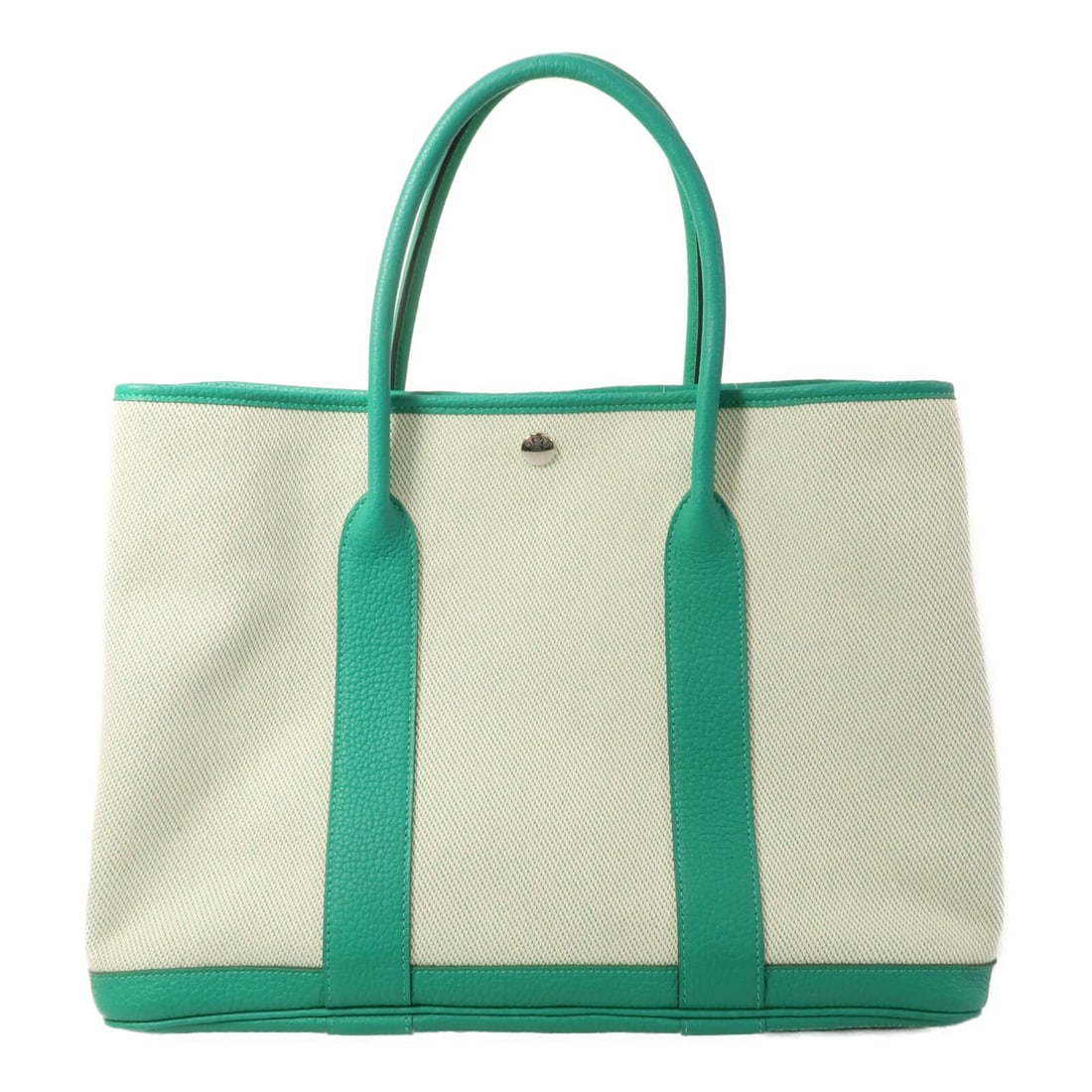 Hermes Garden Party PM Menthe Canvas Negonda Leather Tote: Hermes Garden Party PM Menthe Canvas Negonda Leather Tote Hermes Garden Party PM tote bag in Menthe x Green x Menthe, made from canvas and calfskin (cowhide). It features a hook button closure, one in