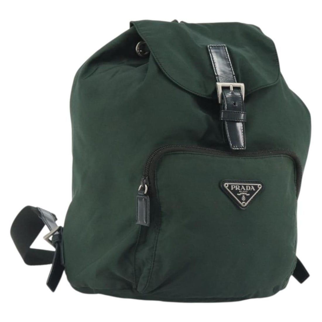 PRADA Nylon Backpack in Green with Silver Tone Hardware: PRADA Nylon Backpack in Green with Silver Tone Hardware Prada women's backpack in green and silver nylon, made in Italy. This item is a heavily used bag with visible wear, including out-of-shape surfa