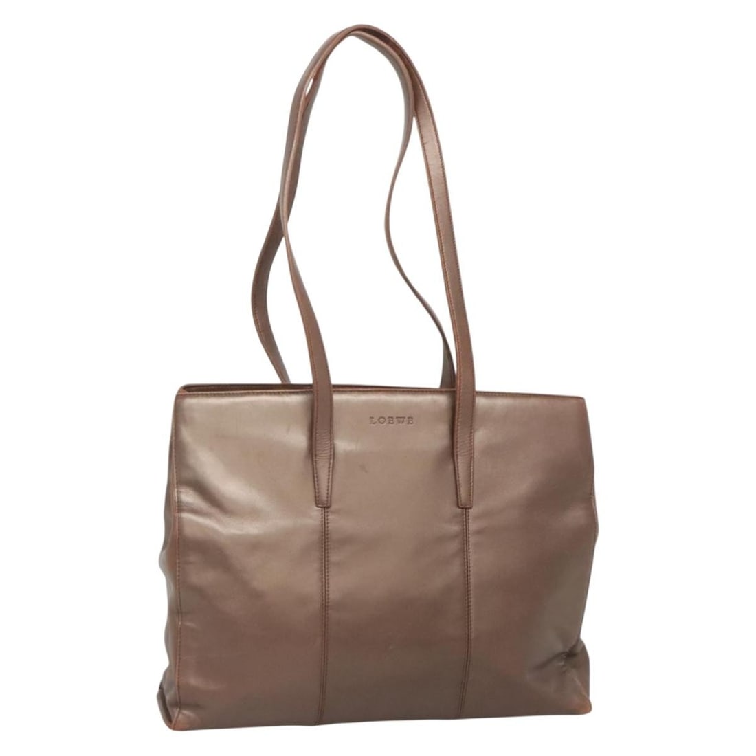 LOEWE Brown Leather Tote Handbag Gold Tone Made in Spain: LOEWE Brown Leather Tote Handbag Gold Tone Made in Spain Brown leather tote bag by LOEWE with gold-tone color detailing. Made in Spain, this women's tote has a heavily used condition with visible wear