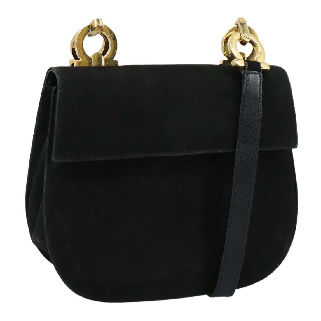 Black suede shoulder bag Salvatore Ferragamo Gancini Italy: Black suede shoulder bag Salvatore Ferragamo Gancini Italy Salvatore Ferragamo Gancini suede bag in black. Made in Italy, this women's bag is presented in fair condition with visible wear throughout, 