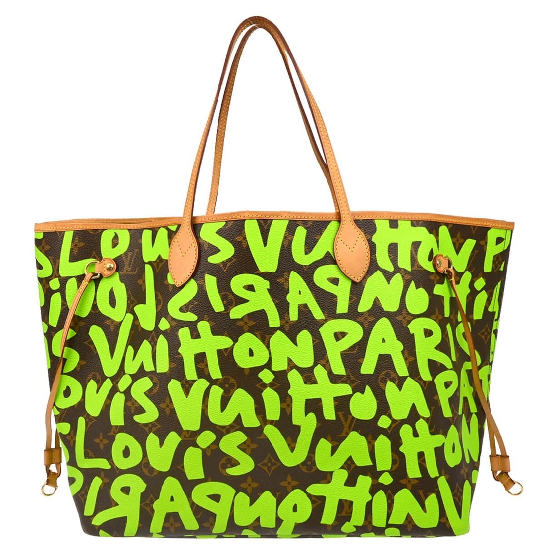 Louis Vuitton Neverfull GM Green Monogram Graffiti Tote M93703: Louis Vuitton Neverfull GM Green Monogram Graffiti Tote M93703 Louis Vuitton Neverfull GM tote in green Monogram Graffiti canvas with leather trim. This large women's tote features double handles, a h