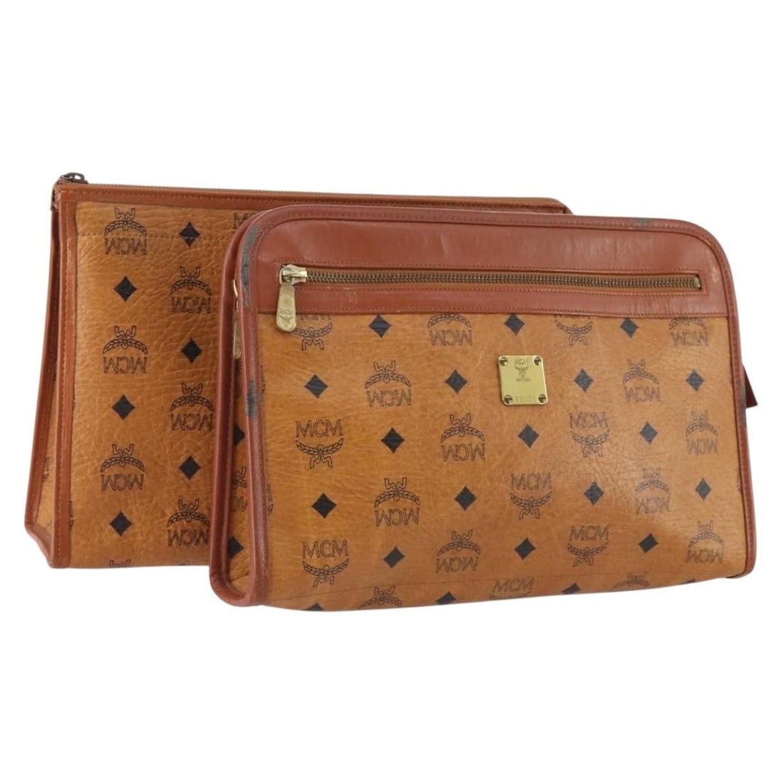 Set of 2 Brown MCM PVC Leather Clutch Bags with Logogram (1 of 15)