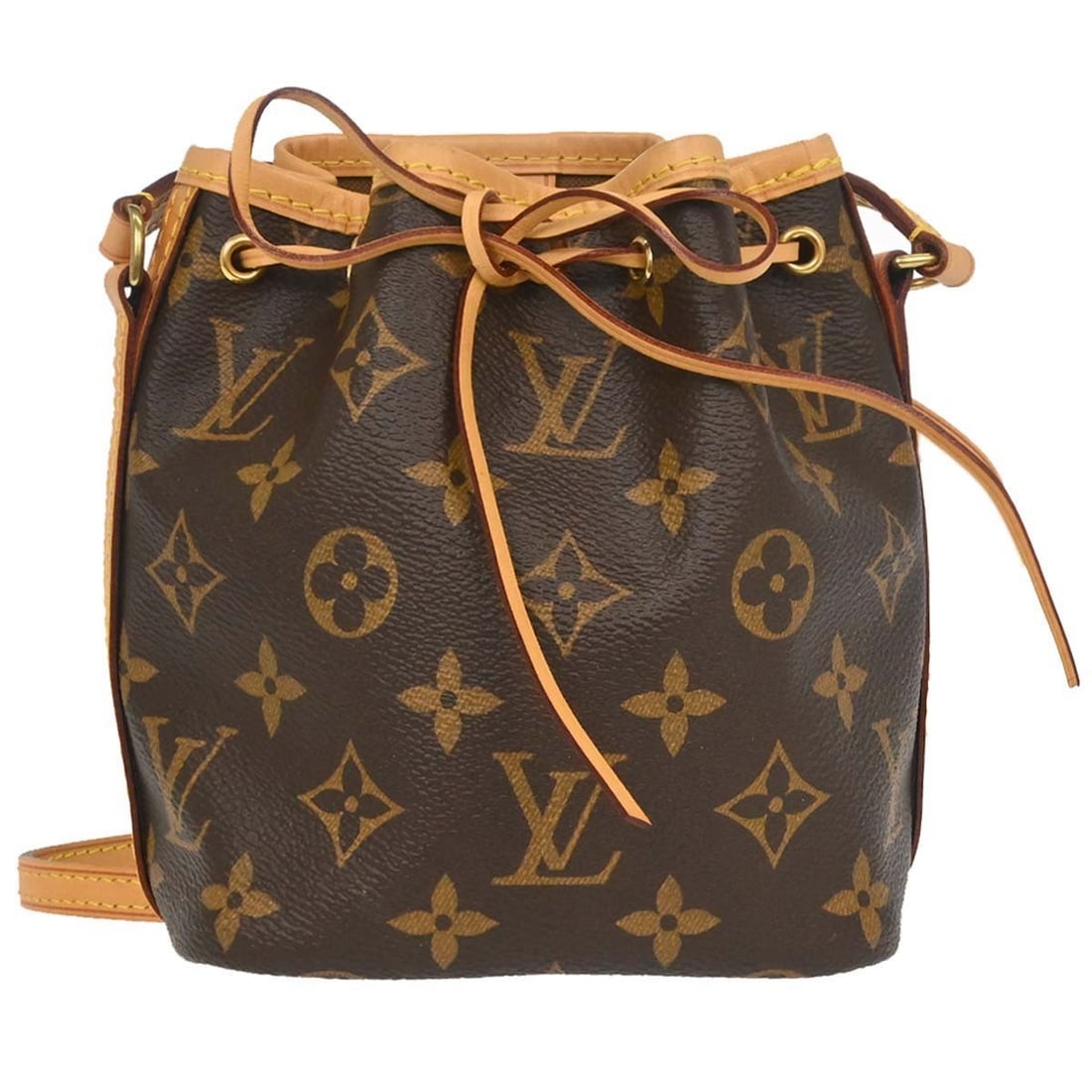 Louis Vuitton Nano Noe Mini Monogram Bucket Bag M41346: Louis Vuitton Nano Noe Mini Monogram Bucket Bag M41346 Louis Vuitton Nano Noe shoulder bag in brown Monogram canvas with leather trim. This mini bucket and drawstring style bag features a shoulder str