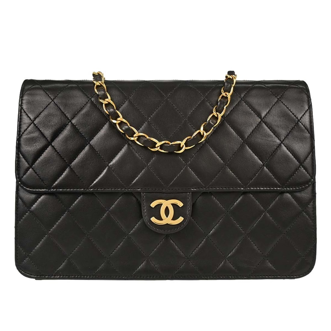 CHANEL Classic Single Flap Medium Black Lambskin Shoulder Bag: CHANEL Classic Single Flap Medium Black Lambskin Shoulder Bag Chanel Classic Single Flap shoulder bag in black lambskin with a pushlock turn-lock closure and crossbody strap. This medium half flap sty