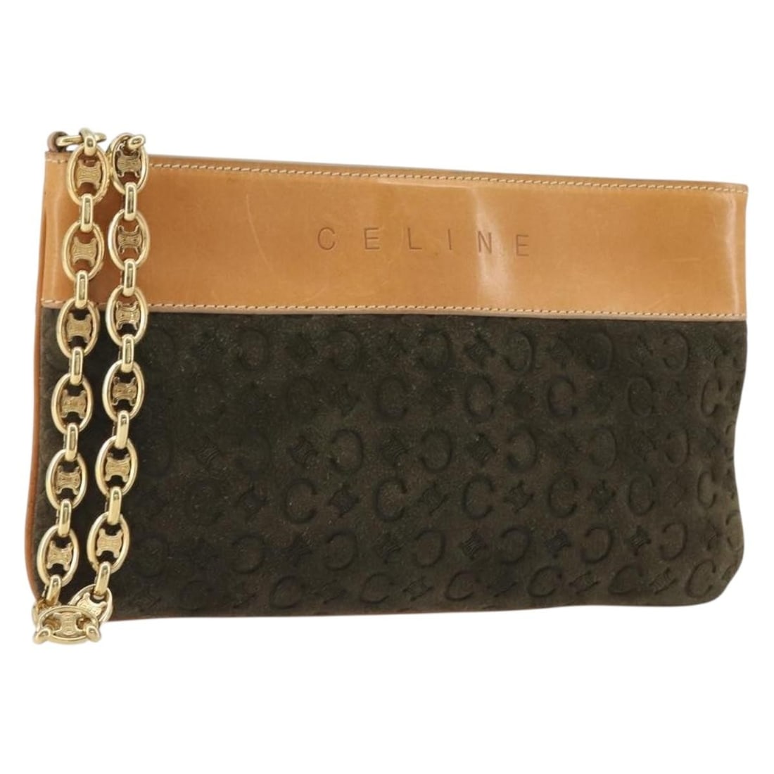CELINE Macadam suede chain clutch purse brown gold Italy: CELINE Macadam suede chain clutch purse brown gold Italy Celine C Macadam chain clutch bag in brown suede with Macadam canvas and gold-tone accents. Made in Italy, this women's clutch has a slim profi