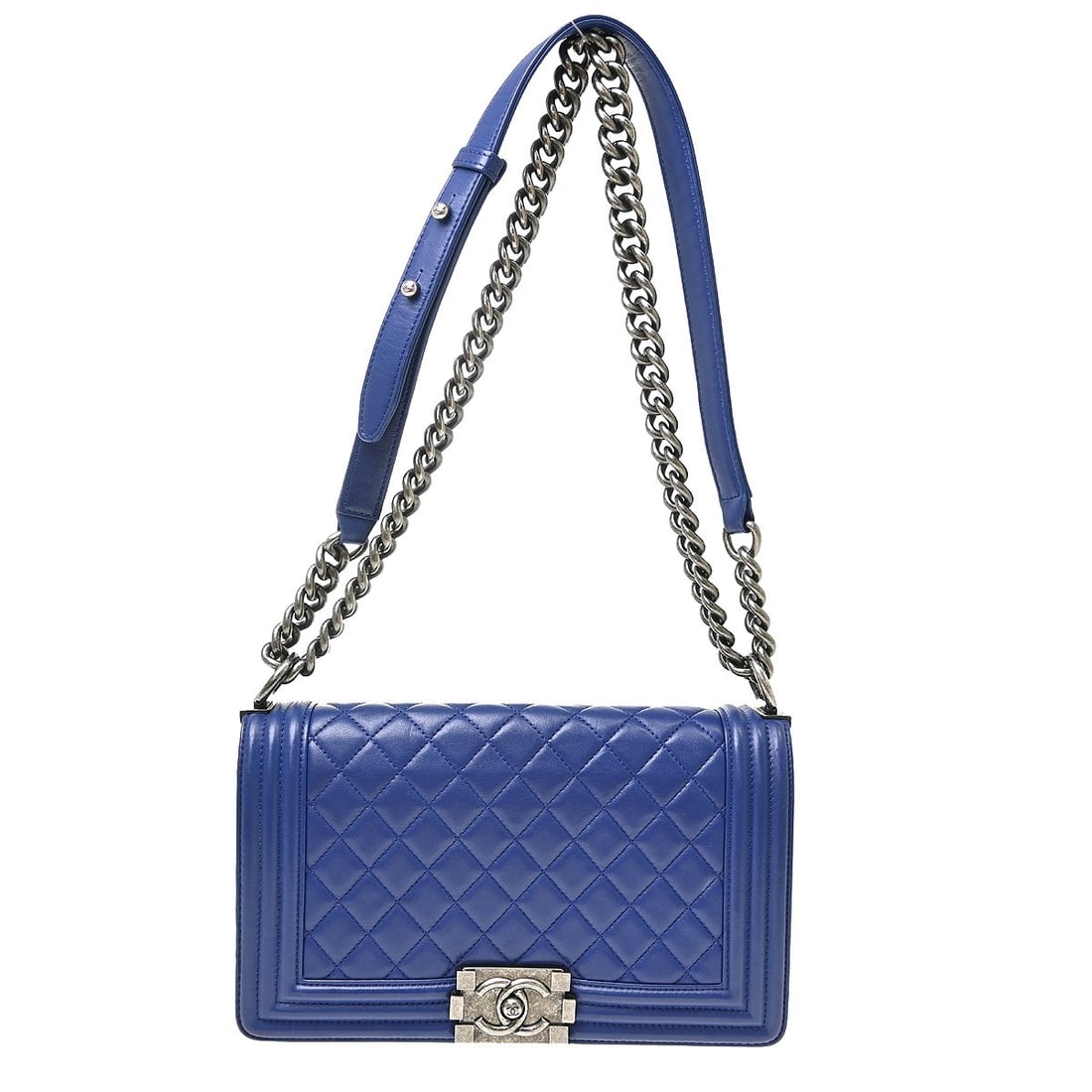 CHANEL Boy Medium Shoulder Bag Blue Lambskin Chain Strap: CHANEL Boy Medium Shoulder Bag Blue Lambskin Chain Strap Vintage Chanel Boy Medium shoulder bag in blue lambskin with a push-lock closure, quilted accents, and silver-color hardware. Designed with a c
