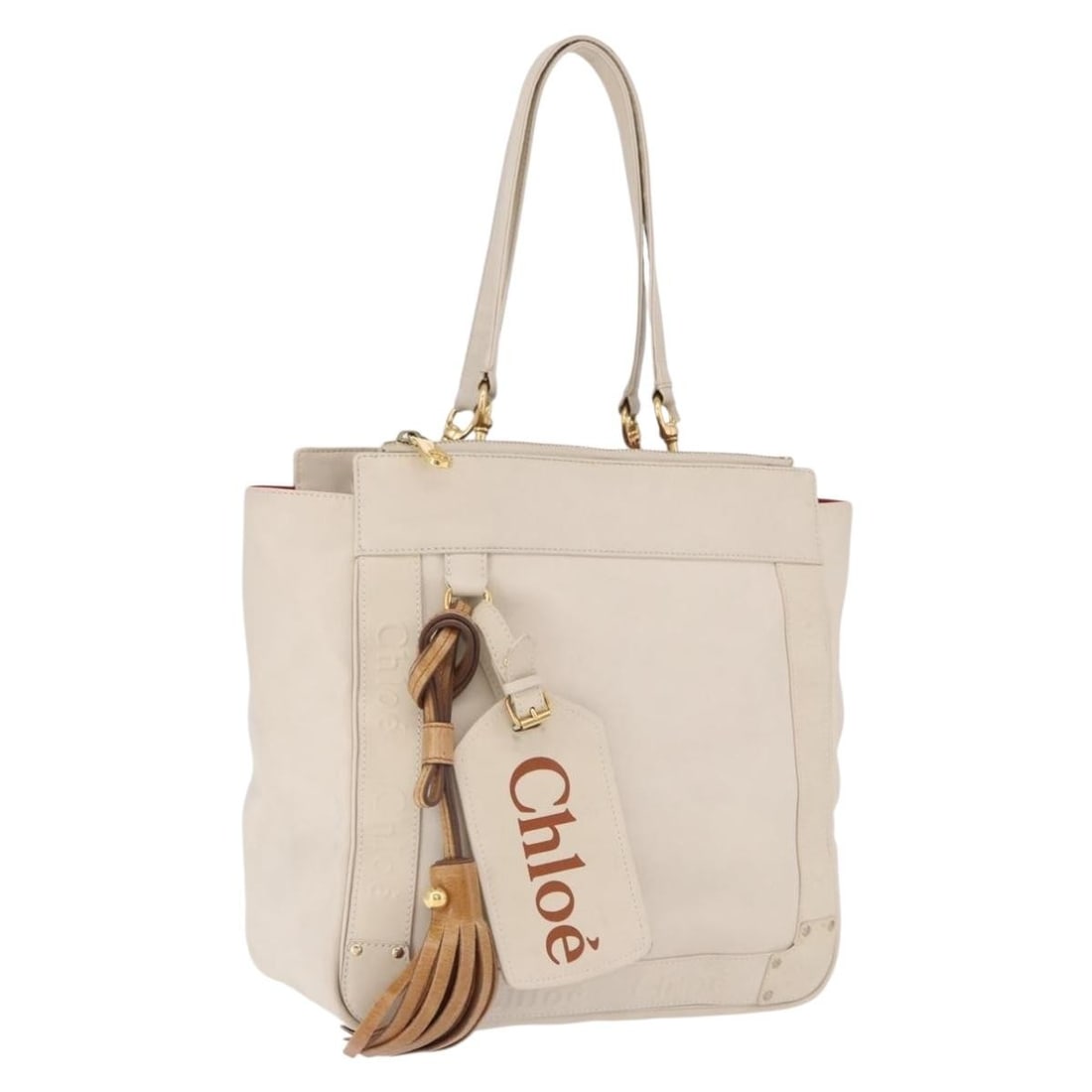 Chloe Eden Leather Tote Handbag Ivory Gold with Name Tag: Chloe Eden Leather Tote Handbag Ivory Gold with Name Tag Chloe Eden tote bag in ivory and gold leather. This women's tote includes a name tag and guarantee card. Condition notes indicate heavy use, wi