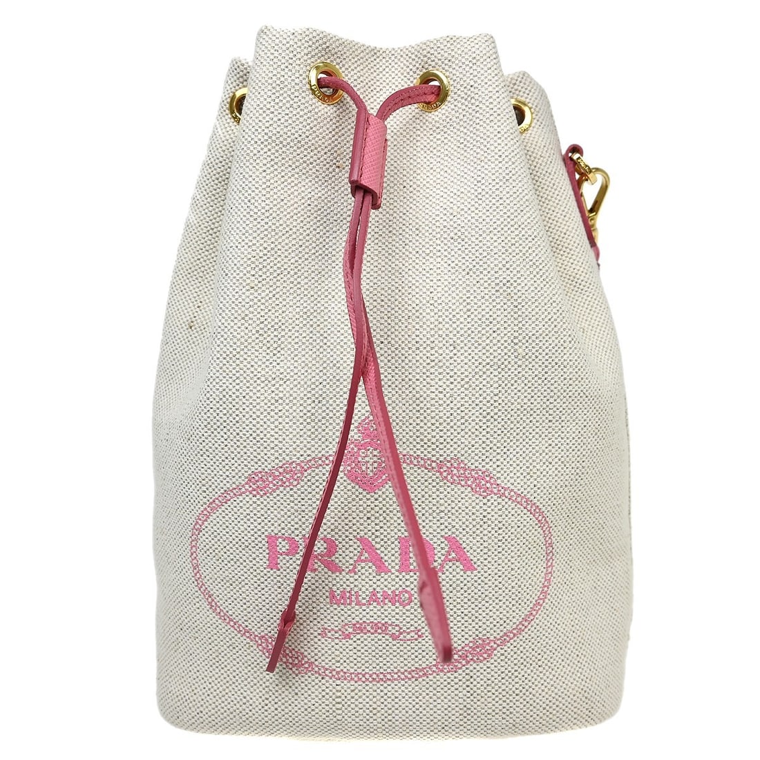 PRADA Small Beige Canvas Pouch Handbag Drawstring: PRADA Small Beige Canvas Pouch Handbag Drawstring Beige Prada pouch handbag in canvas with a drawstring closure and logo accent. It is a small, casual-style women's bag made in Italy. The bag is descr