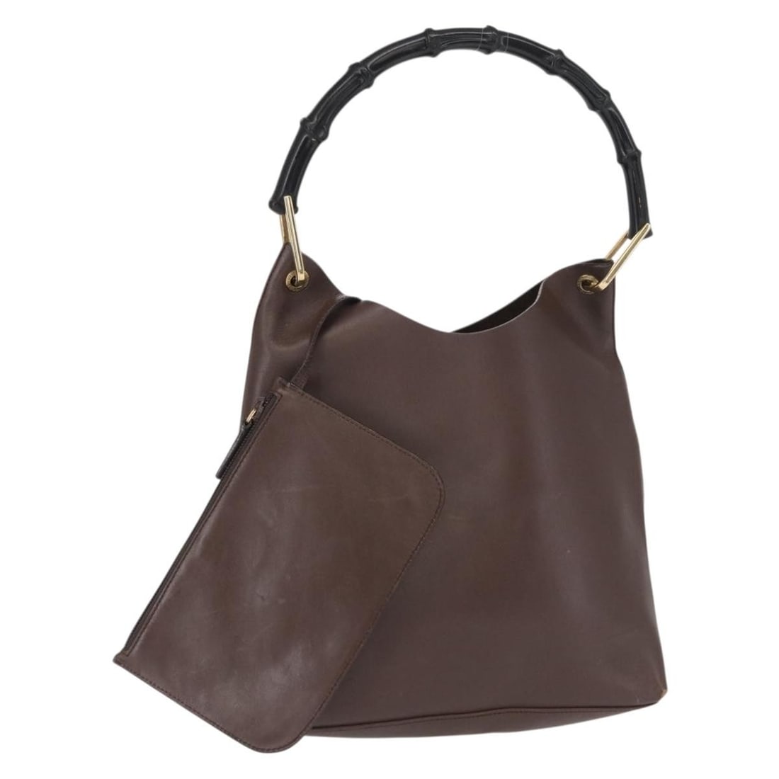 Gucci Bamboo Leather Shoulder Bag in Dark Brown with Gold 001 1553 1880: Gucci Bamboo Leather Shoulder Bag in Dark Brown with Gold 001 1553 1880 This is a GUCCI Bamboo shoulder bag crafted from dark brown leather with gold-tone accents. The bag features a structured silhou