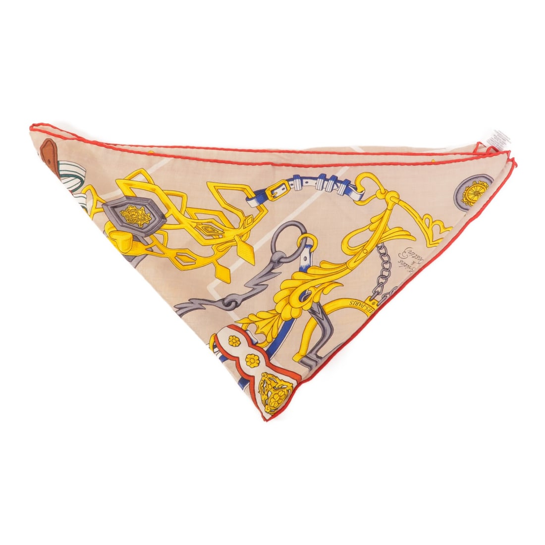 Hermes Giant Triangle Cashmere Silk Scarf Multicolor France: Hermes Giant Triangle Cashmere Silk Scarf Multicolor France Hermes Giant Triangle Scarf in cashmere and silk with a multicolor design accented by beige and red. It is a women's regular-size scarf made