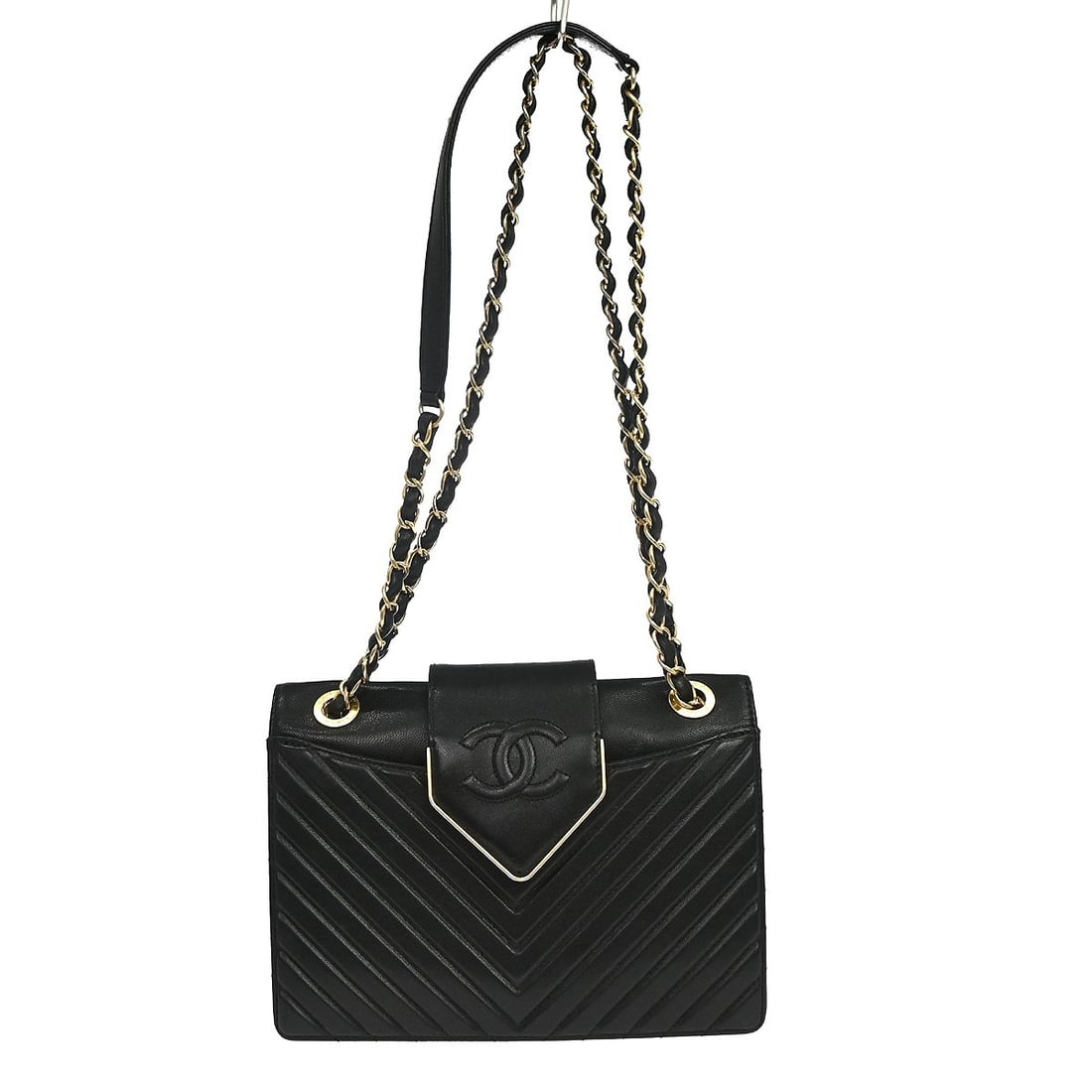 CHANEL Chevron Collar and Tie Flap Lambskin Shoulder Bag Black: CHANEL Chevron Collar and Tie Flap Lambskin Shoulder Bag Black Chanel Chevron Collar and Tie Flap shoulder bag in black lambskin with a magnetic closure, chain shoulder strap, and logo accent. The bag