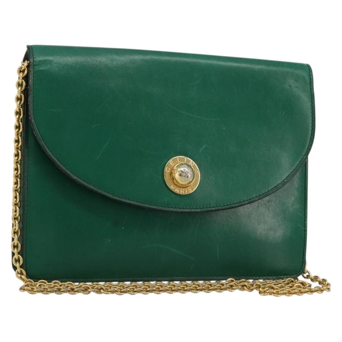 CELINE green leather shoulder bag gold chain Italy: CELINE green leather shoulder bag gold chain Italy This CELINE chain shoulder bag features a classic design crafted from green and gold leather. The bag has a structured silhouette with a chain should