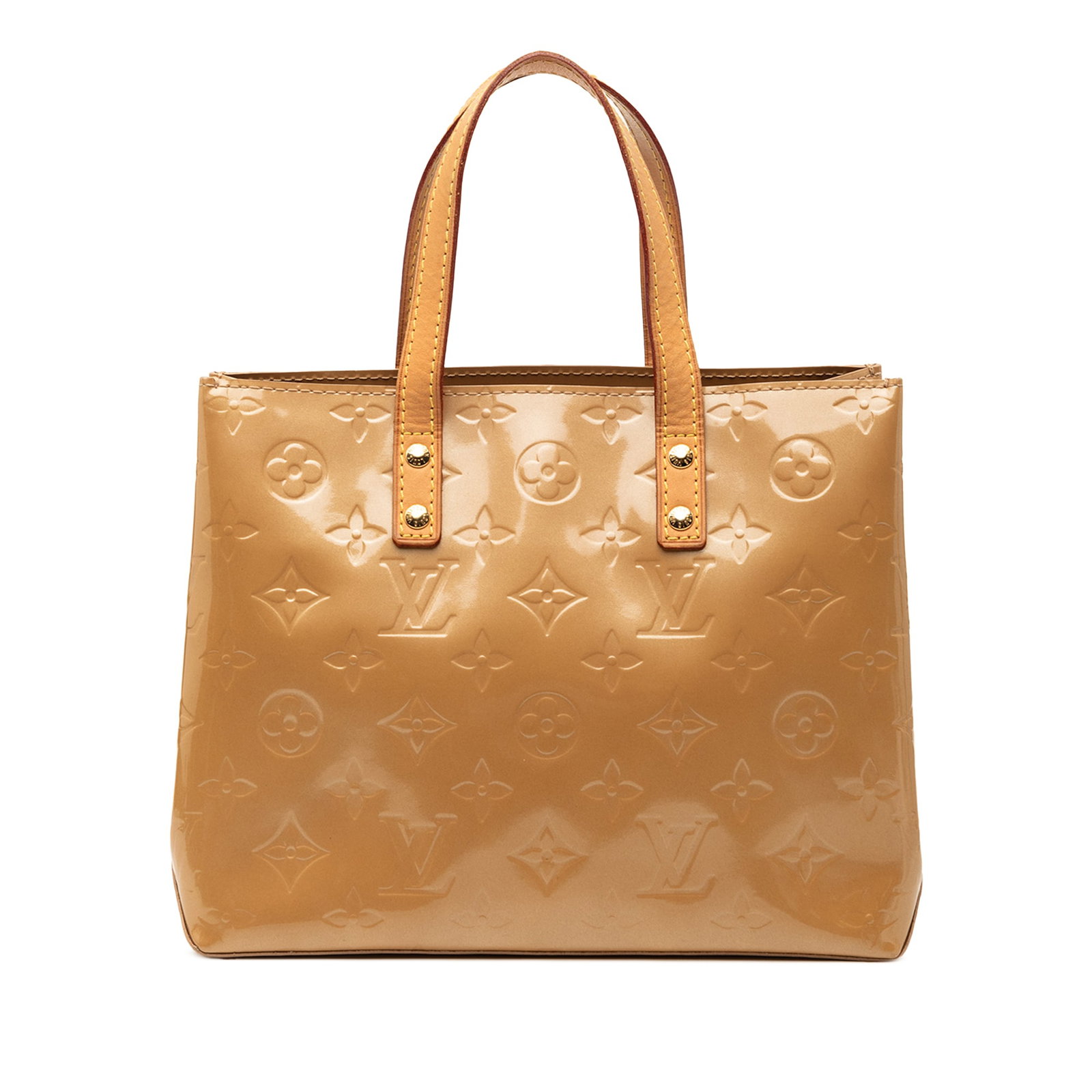 Louis Vuitton Reade PM Monogram Vernis Leather Handbag: Louis Vuitton Reade PM Monogram Vernis Leather Handbag Louis Vuitton Monogram Vernis Reade PM handbag crafted in monogram vernis leather with flat vachetta leather handles, an open top, and an interio