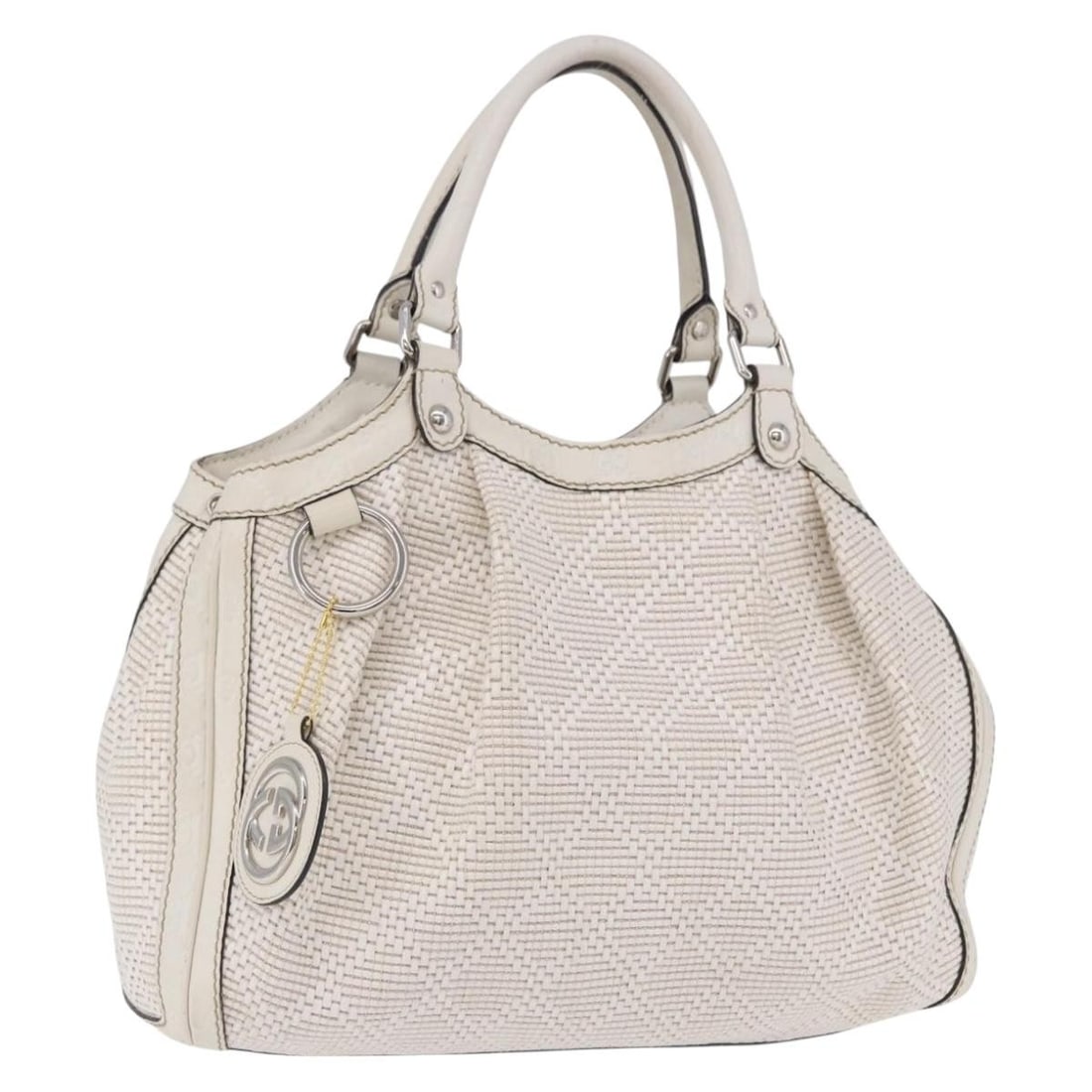 Gucci 211944 Guccissima GG Canvas Leather Tote White Silver Charm: Gucci 211944 Guccissima GG Canvas Leather Tote White Silver Charm Authentic Gucci Guccissima tote bag in white and silver GG canvas with leather trim. This women's tote includes a charm and shows heav