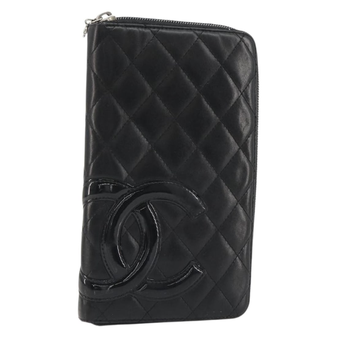CHANEL Cambon Line Matelasse Leather Long Wallet Black Silver CC: CHANEL Cambon Line Matelasse Leather Long Wallet Black Silver CC CHANEL Matelasse Cambon Line long wallet in black leather with silver-tone details. Made in Italy, this women's wallet measures approxi