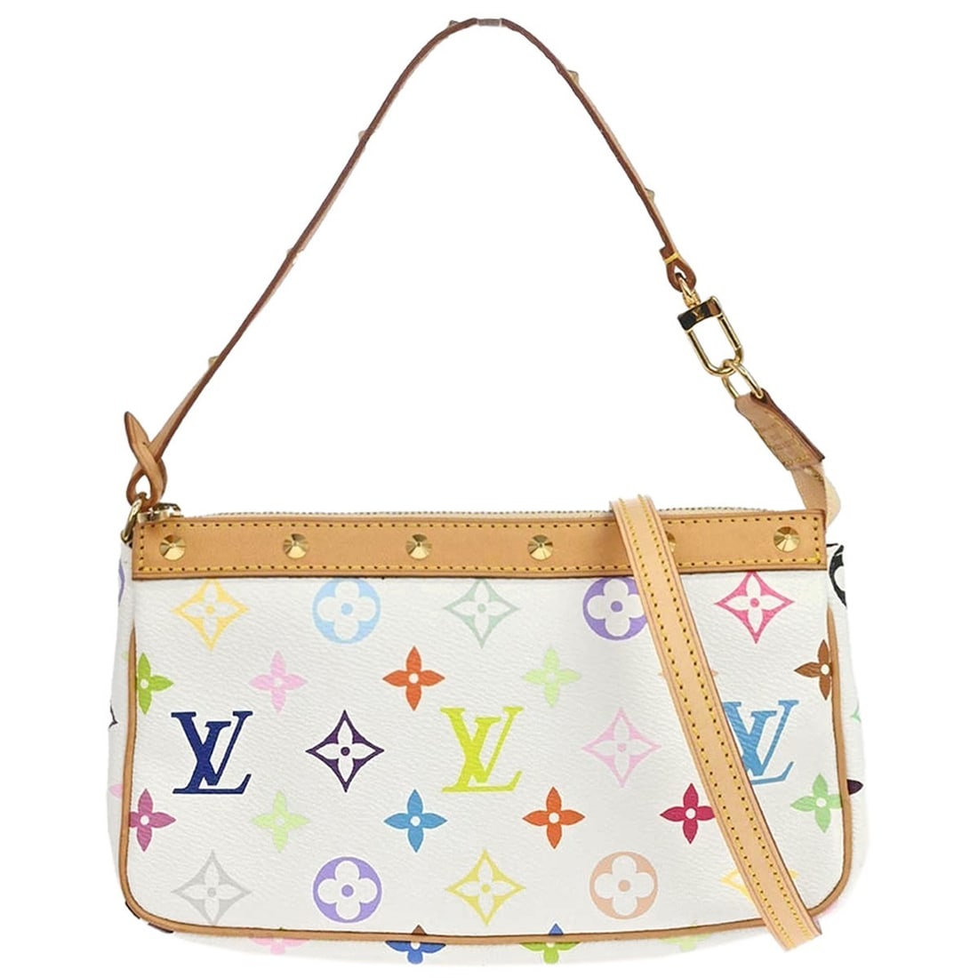 Louis Vuitton Pochette Accessoires White Multicolor 2way Handbag M92649: Louis Vuitton Pochette Accessoires White Multicolor 2way Handbag M92649 Louis Vuitton Pochette Accessoires 2way handbag in white Monogram Multicolor canvas with leather trim. This small women's bag fe
