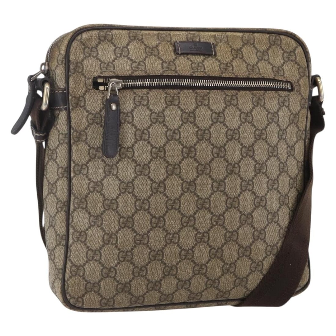GUCCI GG Supreme Shoulder Bag PVC Brown Gold 201448 Italy Auth: GUCCI GG Supreme Shoulder Bag PVC Brown Gold 201448 Italy Auth This authentic GUCCI GG Supreme Shoulder Bag is crafted from durable PVC leather and features a stylish brown and gold color combination.