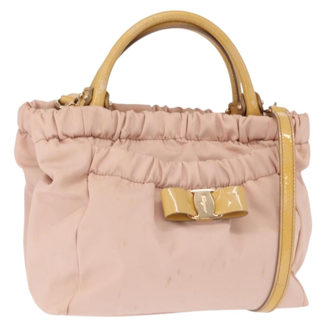 Salvatore Ferragamo Vala 2-Way Pink Gold Nylon Hand Bag Auth Italy: Salvatore Ferragamo Vala 2-Way Pink Gold Nylon Hand Bag Auth Italy Introducing the Salvatore Ferragamo Vala Hand Bag, a stylish and versatile accessory crafted in Italy. This chic hand bag features a 