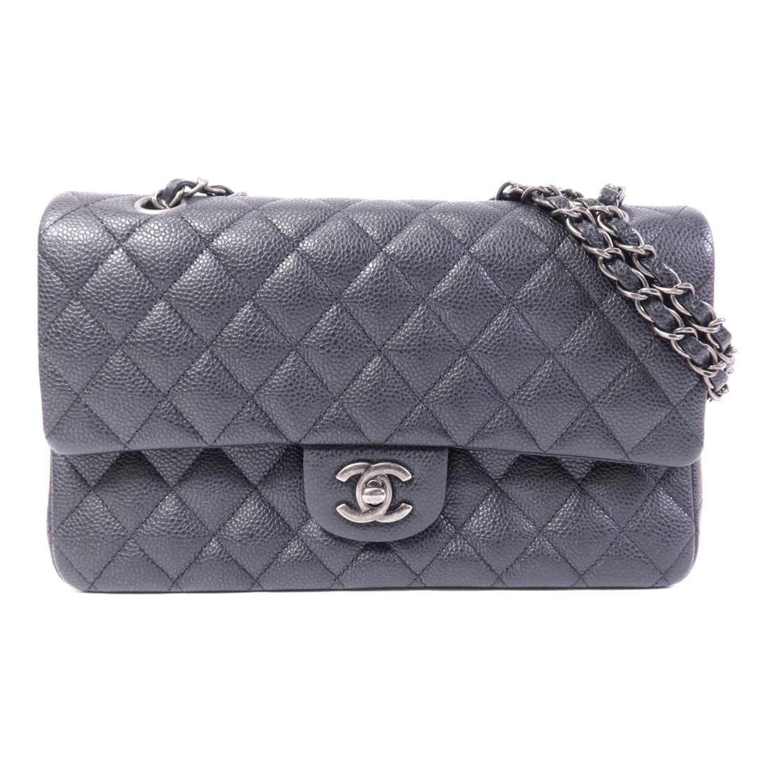 CHANEL A01112 Classic 25 Gray Calfskin Chain Shoulder Bag: CHANEL A01112 Classic 25 Gray Calfskin Chain Shoulder Bag CHANEL Classic 25 Chain Shoulder Bag in gray calfskin leather with silver-tone hardware. This shoulder bag features a turn lock closure, one o