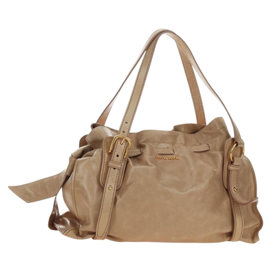 Miu Miu Beige Gold Leather Shoulder Bag with Dust Bag: Miu Miu Beige Gold Leather Shoulder Bag with Dust Bag Authentic Miu Miu shoulder bag in beige leather with gold-tone accents. Made in Italy, this women's bag includes a dust bag and features a shoulde