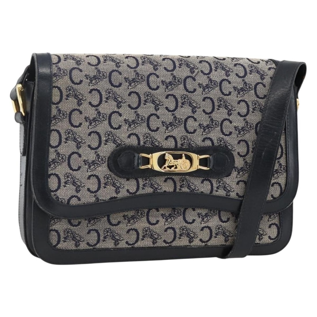 Celine Sulky Horse Carriage Navy Canvas Shoulder Bag Gold Accents (1 of 18)