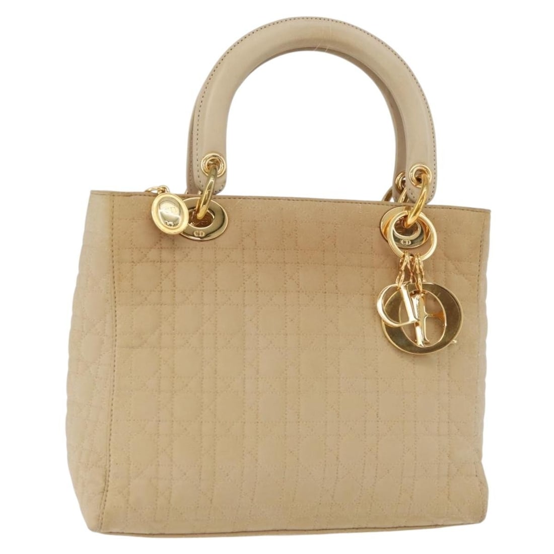 Christian Dior Lady Dior Cannage Nylon Hand Bag Beige Italy: Christian Dior Lady Dior Cannage Nylon Hand Bag Beige Italy Christian Dior Lady Dior Cannage handbag in beige and gold nylon with charm. Made in Italy, this women's handbag is heavily used and shows n