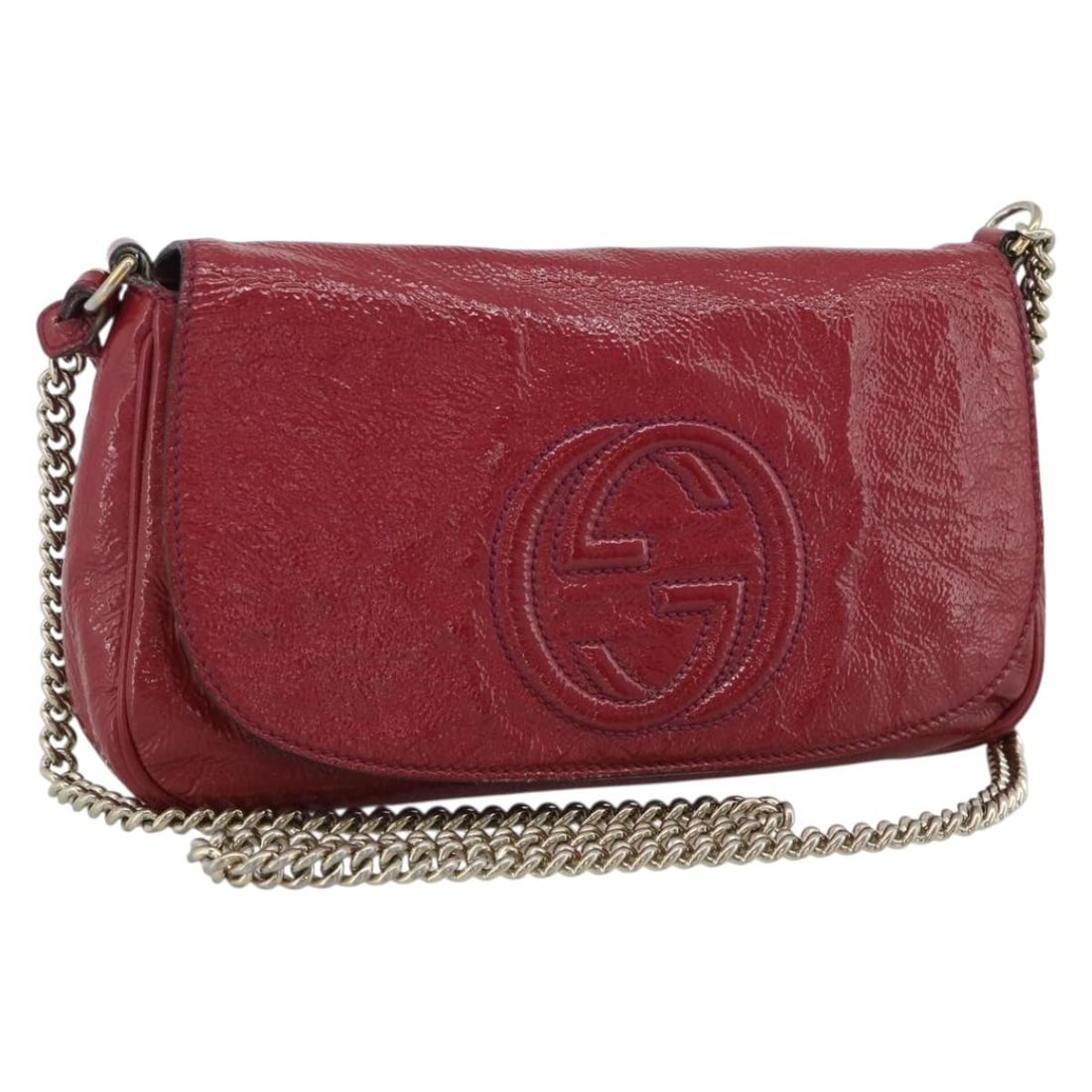 GUCCI 336752 Soho Patent Shoulder Bag Pink Gold Tone Chain: GUCCI 336752 Soho Patent Shoulder Bag Pink Gold Tone Chain Gucci Soho chain shoulder bag in pink enamel with gold-tone accents. This women's shoulder bag is made in Italy and features a repaired clasp