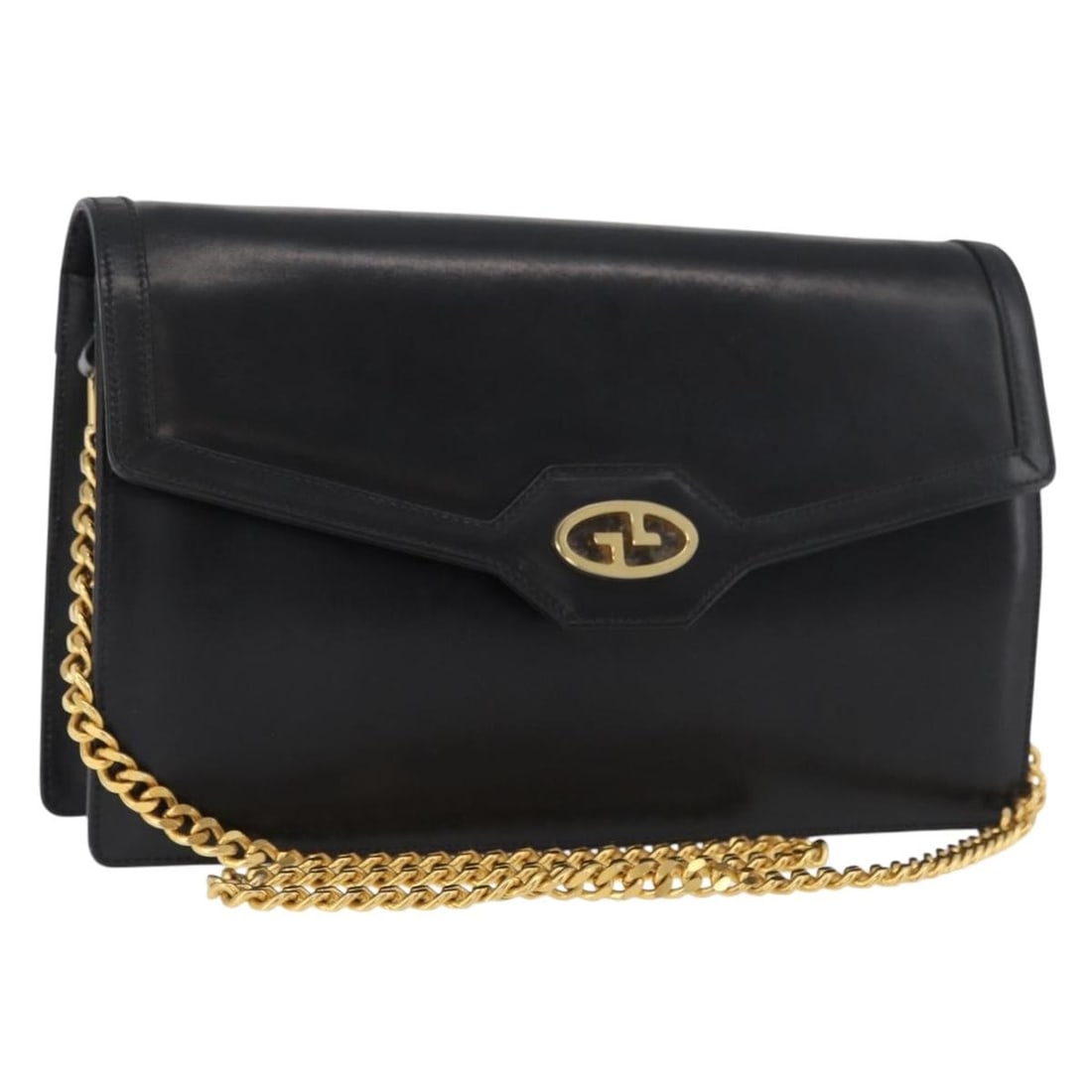 GUCCI Leather Shoulder Bag Black with Gold Tone Chain: GUCCI Leather Shoulder Bag Black with Gold Tone Chain Authentic Gucci chain shoulder bag in black leather with gold-tone accents. This women's shoulder bag is made in Italy and features a compact silh