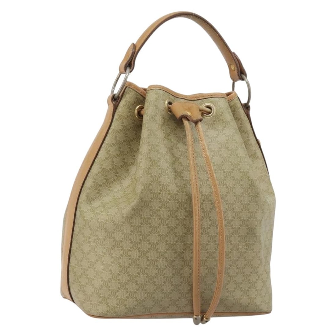 CELINE Macadam Canvas PVC Leather Handbag Beige Gold with Shoulder Strap: CELINE Macadam Canvas PVC Leather Handbag Beige Gold with Shoulder Strap Celine Macadam canvas hand bag in beige and gold with PVC leather trim. Made in Italy and includes a shoulder strap. This heavi