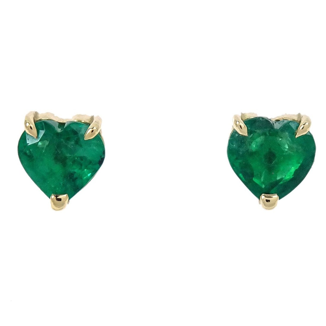 Heart Shape Emerald Yellow Gold Pierced Earrings 750YG: Heart Shape Emerald Yellow Gold Pierced Earrings 750YG Pair of heart-shaped pierced earrings crafted in 750 yellow gold and set with emeralds. These earrings are described as being in great condition 