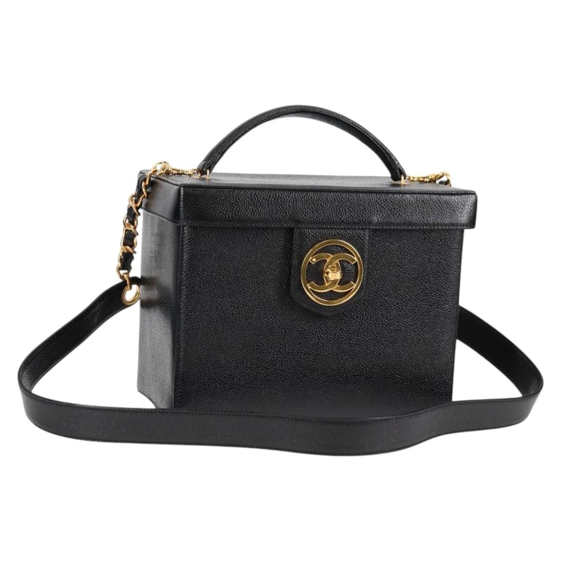 CHANEL Vanity 2way Hand Bag Caviar Skin Black Gold CC: CHANEL Vanity 2way Hand Bag Caviar Skin Black Gold CC CHANEL 2-way vanity handbag in black caviar skin with gold-tone accents. This women's bag includes a top handle and removable shoulder strap, alon