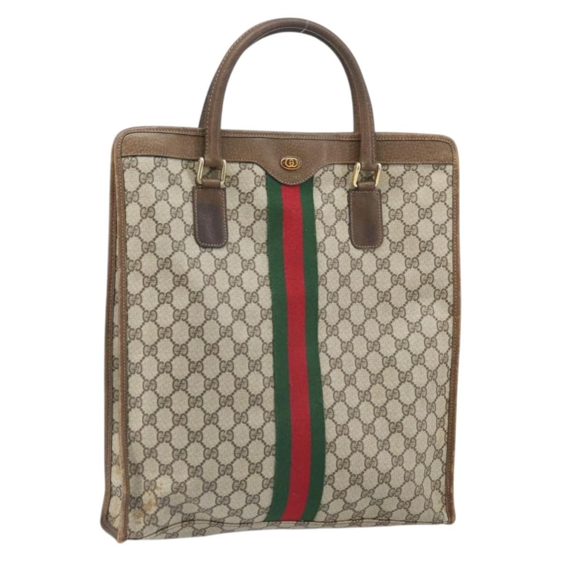 Gucci GG Supreme Beige Red Web Sherry Line PVC Tote Bag 010 378: Gucci GG Supreme Beige Red Web Sherry Line PVC Tote Bag 010 378 This is a GUCCI GG Supreme Web Sherry Line tote bag crafted from beige and red PVC leather and GG canvas. The bag features dual handles 