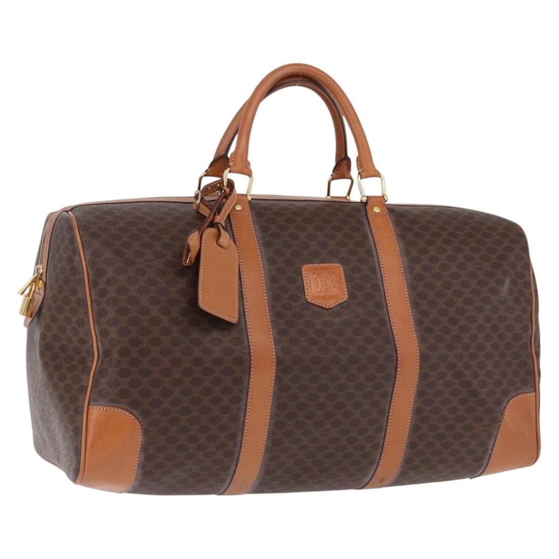 CELINE Macadam PVC Leather Boston Bag Brown with Padlock Key: CELINE Macadam PVC Leather Boston Bag Brown with Padlock Key Authentic CELINE Macadam Boston bag in brown PVC leather and Macadam canvas with gold tone accents. Made in Italy, this women's bag include