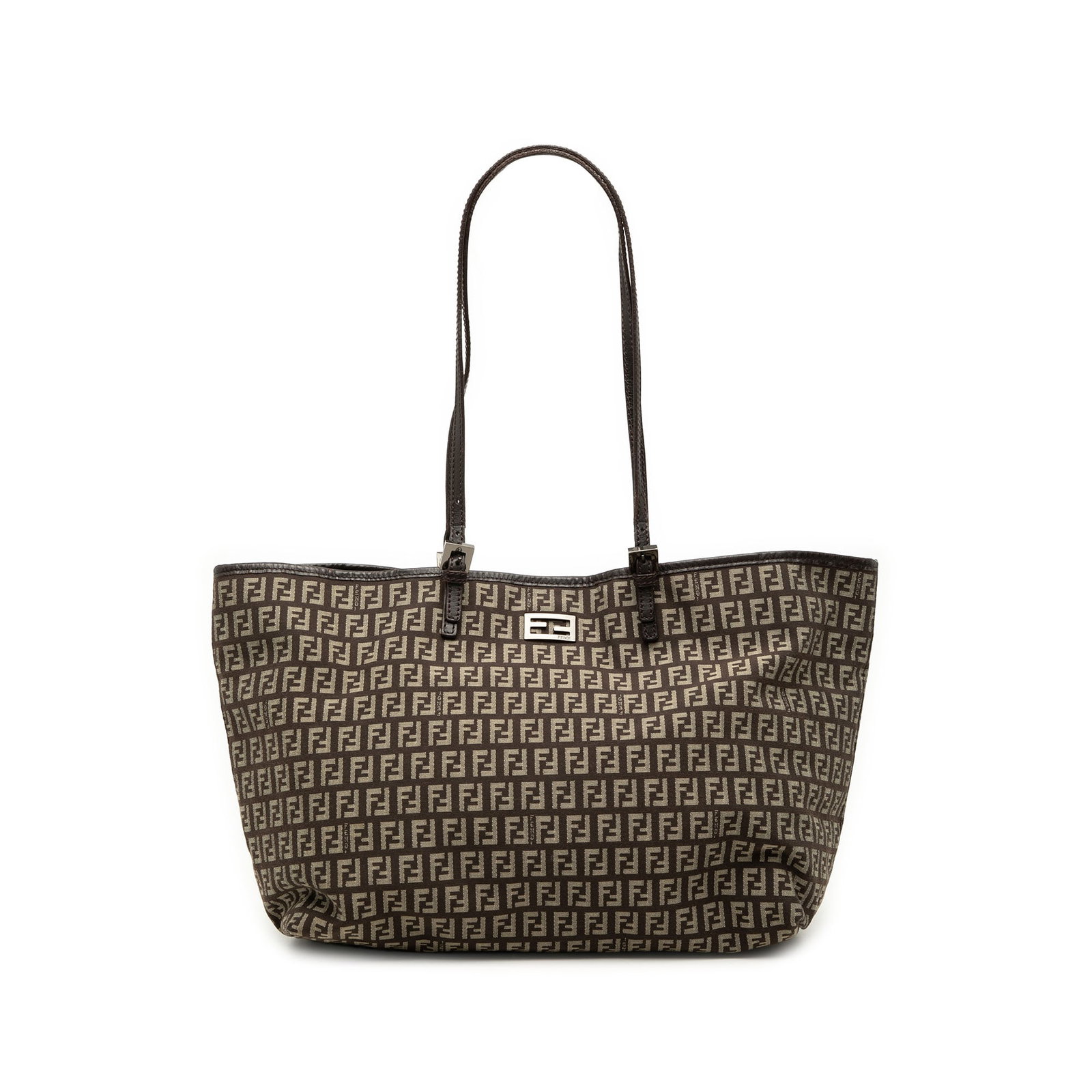Fendi Zucchino Brown Canvas Tote Bag with Leather Trim: Fendi Zucchino Brown Canvas Tote Bag with Leather Trim Fendi Zucchino canvas tote with leather trim and flat leather straps. The bag features an open top with a magnetic snap closure and interior slip
