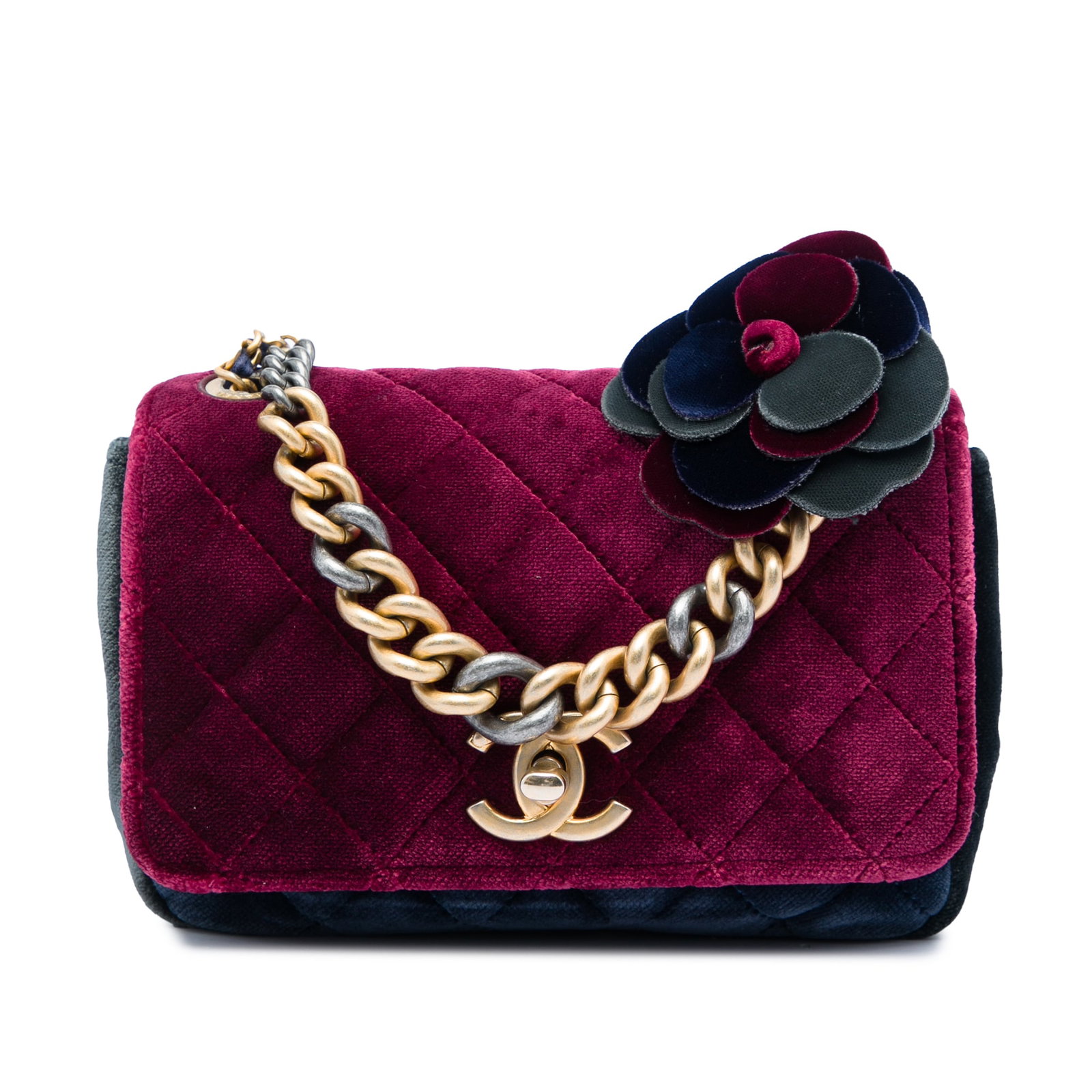 Chanel Private Affair Camellia Flap Small Tricolor Velvet Bag: Chanel Private Affair Camellia Flap Small Tricolor Velvet Bag Small tricolor quilted velvet flap bag with a chain link handle, leather-woven chain strap, and front twist-lock closure. The design inclu