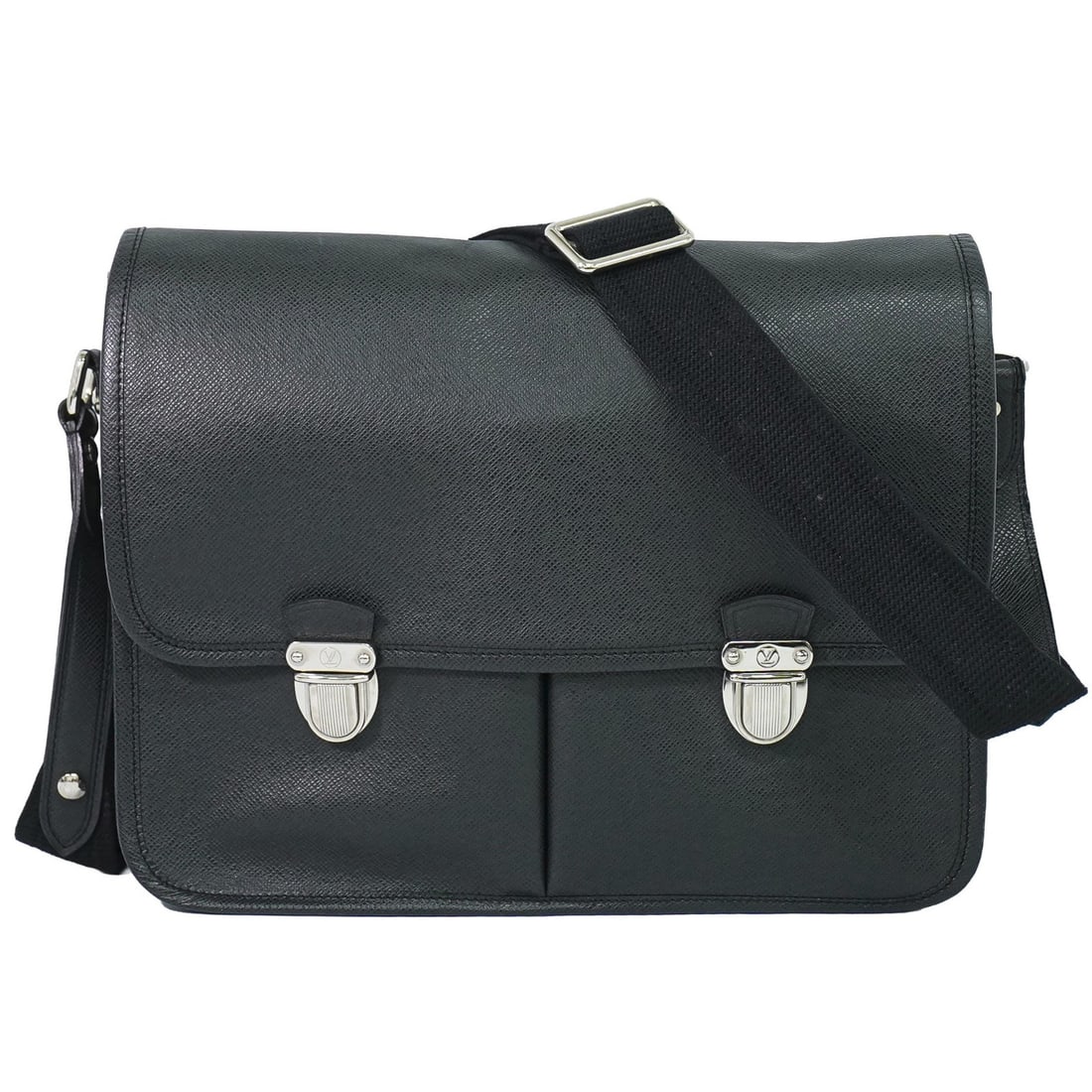Louis Vuitton Alexei Messenger Bag Black Taiga Leather: Louis Vuitton Alexei Messenger Bag Black Taiga Leather Louis Vuitton Alexei Messenger crafted in black leather with a unisex design. This pre-owned bag is in very good condition with light wear, light