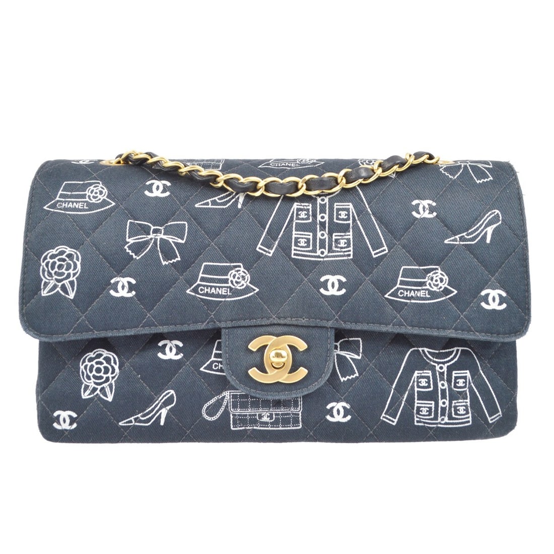CHANEL Icon Classic Double Flap Medium Navy Canvas Shoulder Bag: CHANEL Icon Classic Double Flap Medium Navy Canvas Shoulder Bag Medium Chanel Icon Classic Double Flap shoulder bag in navy and white canvas with leather lining and a turn-lock closure. This women's b
