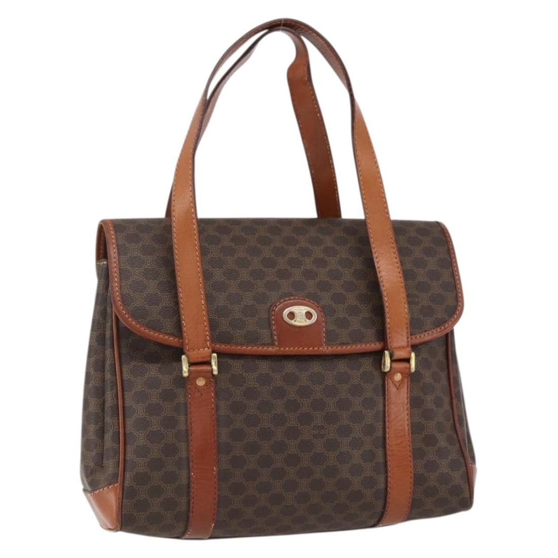 CELINE Macadam Hand Bag Brown PVC Leather Canvas with Pouch: CELINE Macadam Hand Bag Brown PVC Leather Canvas with Pouch Celine Macadam canvas hand bag in brown with gold-tone detailing, made in Italy. This women's bag includes a pouch and shows heavily used co