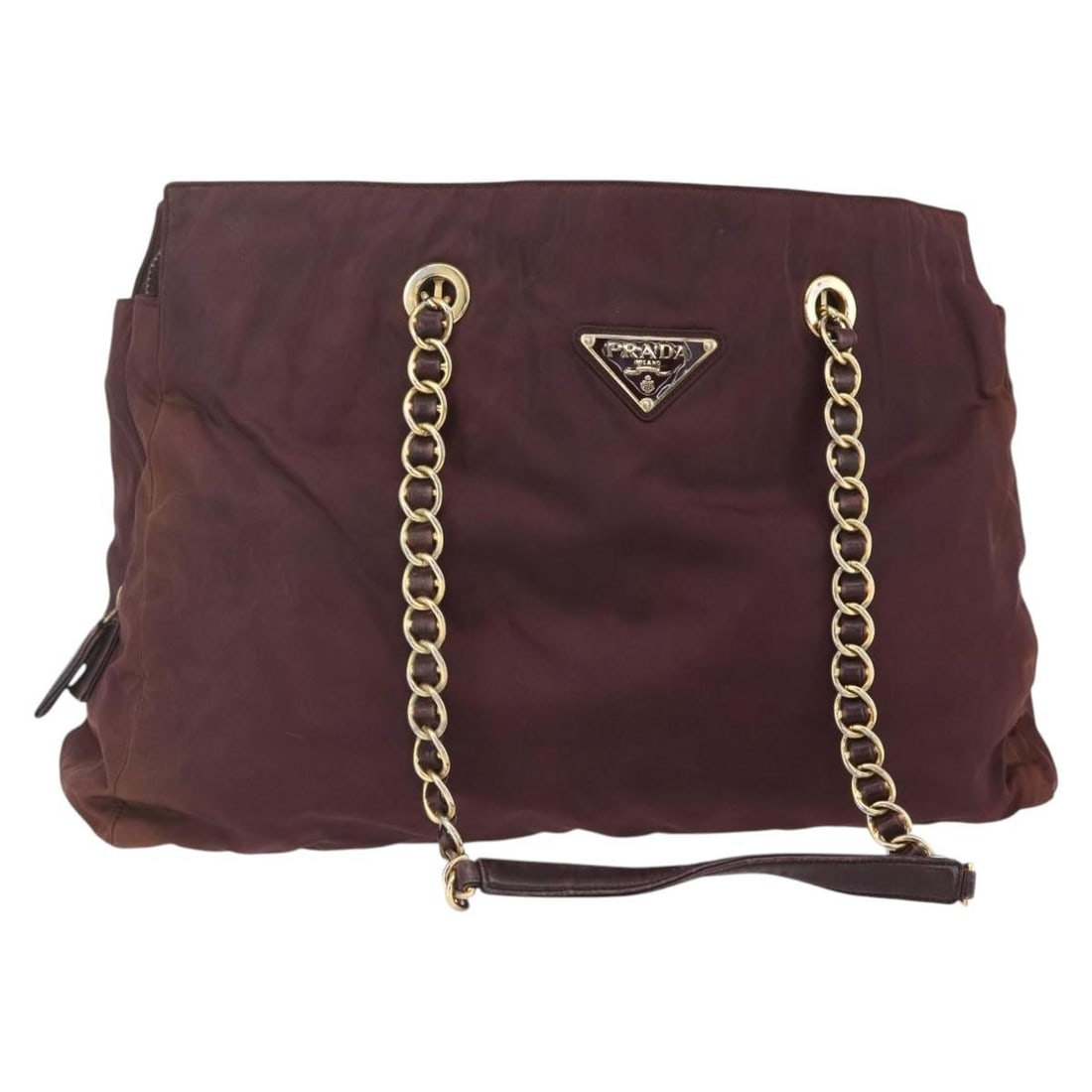 PRADA Nylon Tote Bag Bordeaux with Gold Chain Handles: PRADA Nylon Tote Bag Bordeaux with Gold Chain Handles Authentic Prada chain tote bag in bordeaux nylon with gold-tone accents, made in Italy. This women's tote is offered as the bag only; item box and