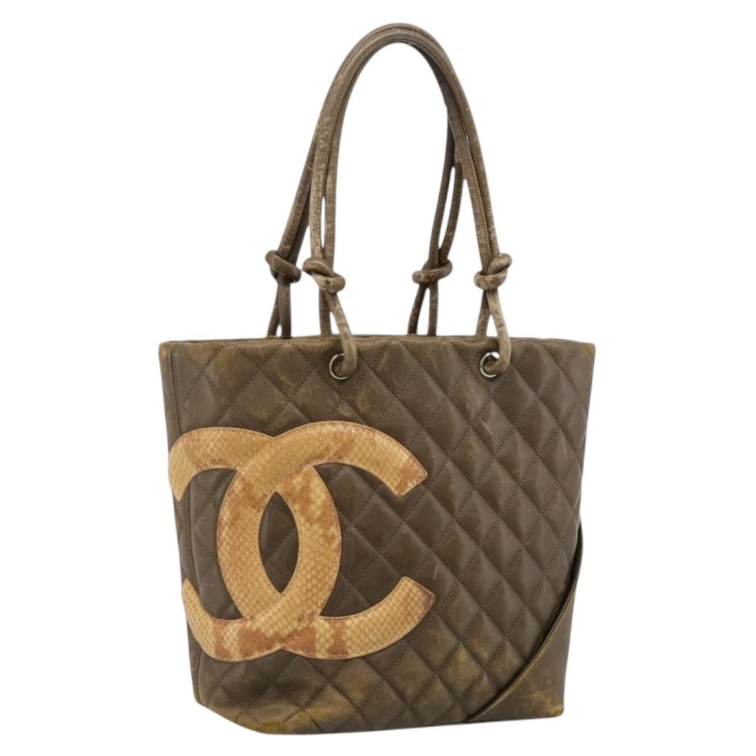 CHANEL Cambon Line Matelasse Leather Handbag Khaki CC: CHANEL Cambon Line Matelasse Leather Handbag Khaki CC CHANEL Matelasse Cambon Line handbag in khaki leather. This women's bag was made in France and includes only the item shown; the original box and 