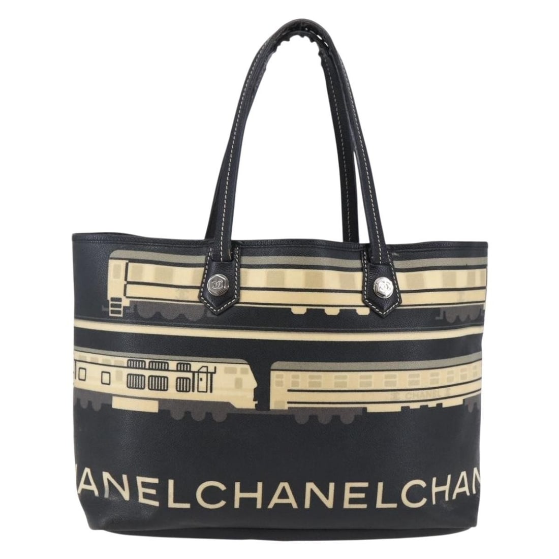 CHANEL Central Station Black PVC Leather Tote with Silver CC: CHANEL Central Station Black PVC Leather Tote with Silver CC Chanel Central Station tote bag in black and silver PVC leather. This women's tote is made in Italy and comes only with the item shown; ite
