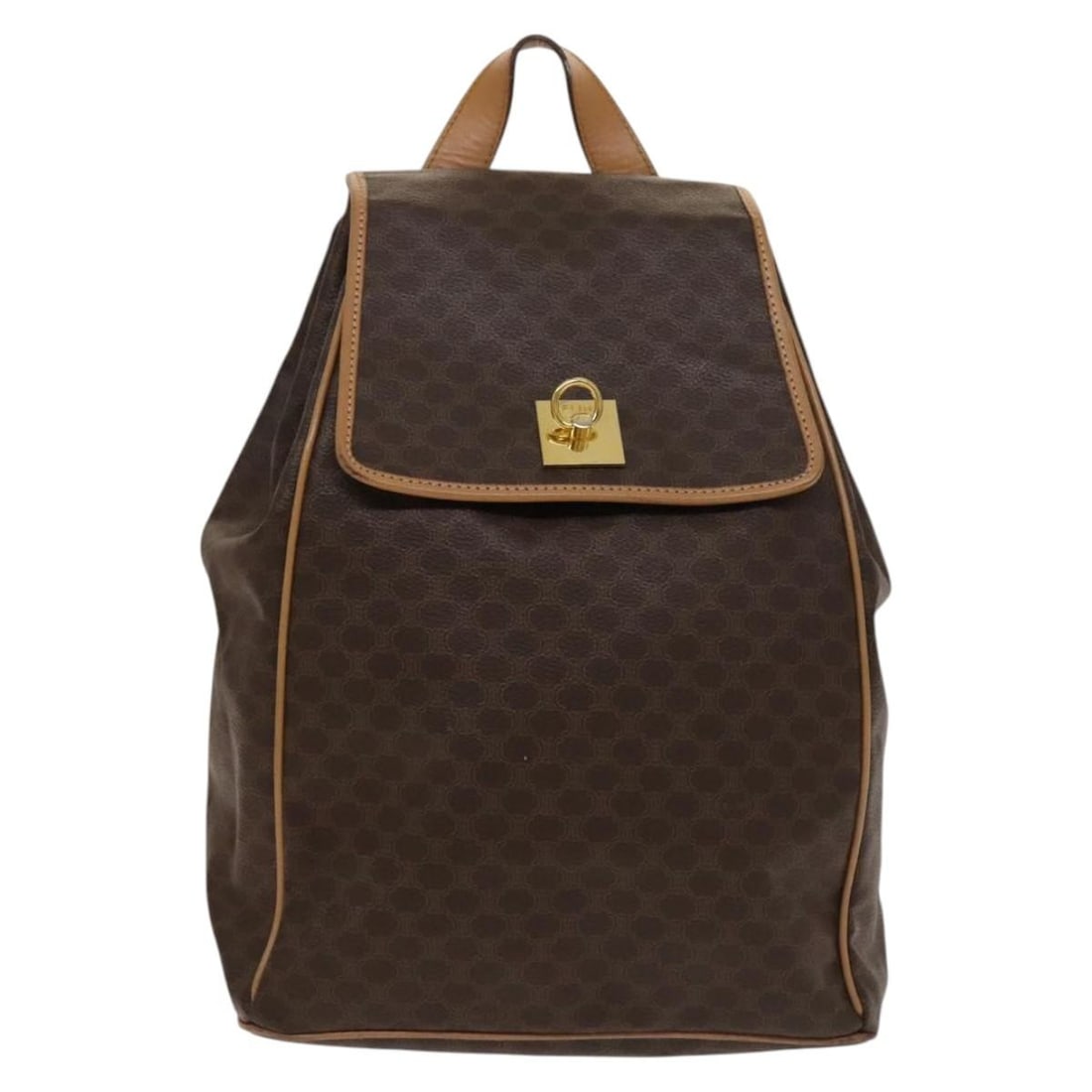 Vintage Celine Macadam Coated Canvas Drawstring Backpack Brown: Vintage Celine Macadam Coated Canvas Drawstring Backpack Brown This vintage Celine drawstring flap backpack for women features brown coated canvas with leather accents. It offers a stylish and functio