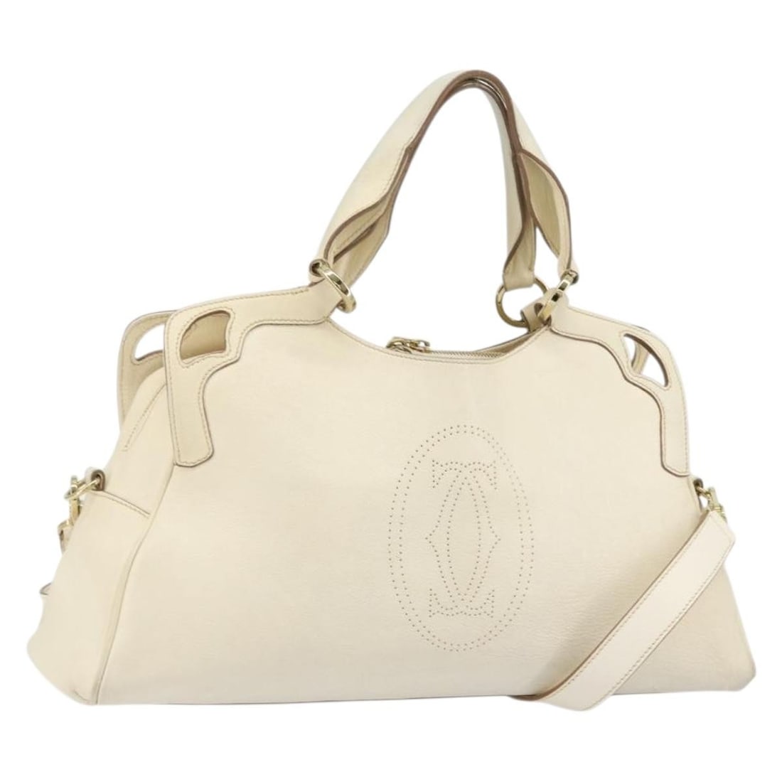 Cartier 2way leather handbag ivory gold with shoulder strap: Cartier 2way leather handbag ivory gold with shoulder strap Cartier 2-way handbag in ivory leather with gold-tone accents. Made in Italy, this women's bag includes a shoulder strap for hand or shoulde